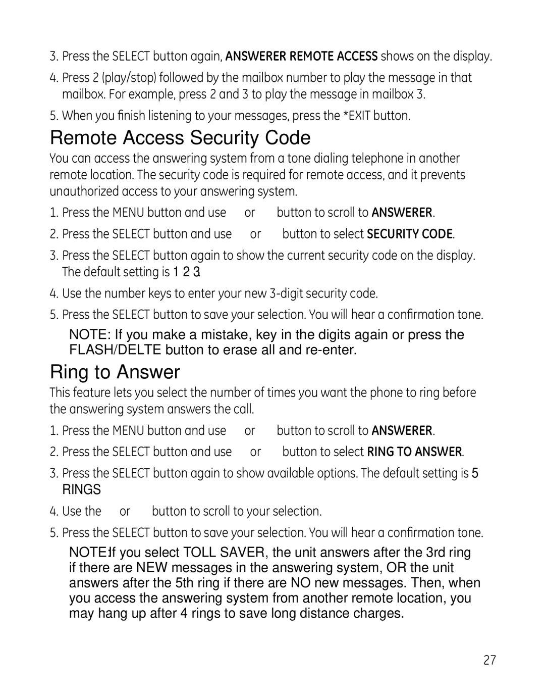 GE 28041 manual Remote Access Security Code, Ring to Answer 