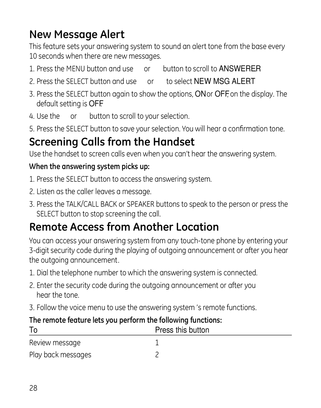 GE 28041 manual New Message Alert, Screening Calls from the Handset, Remote Access from Another Location 