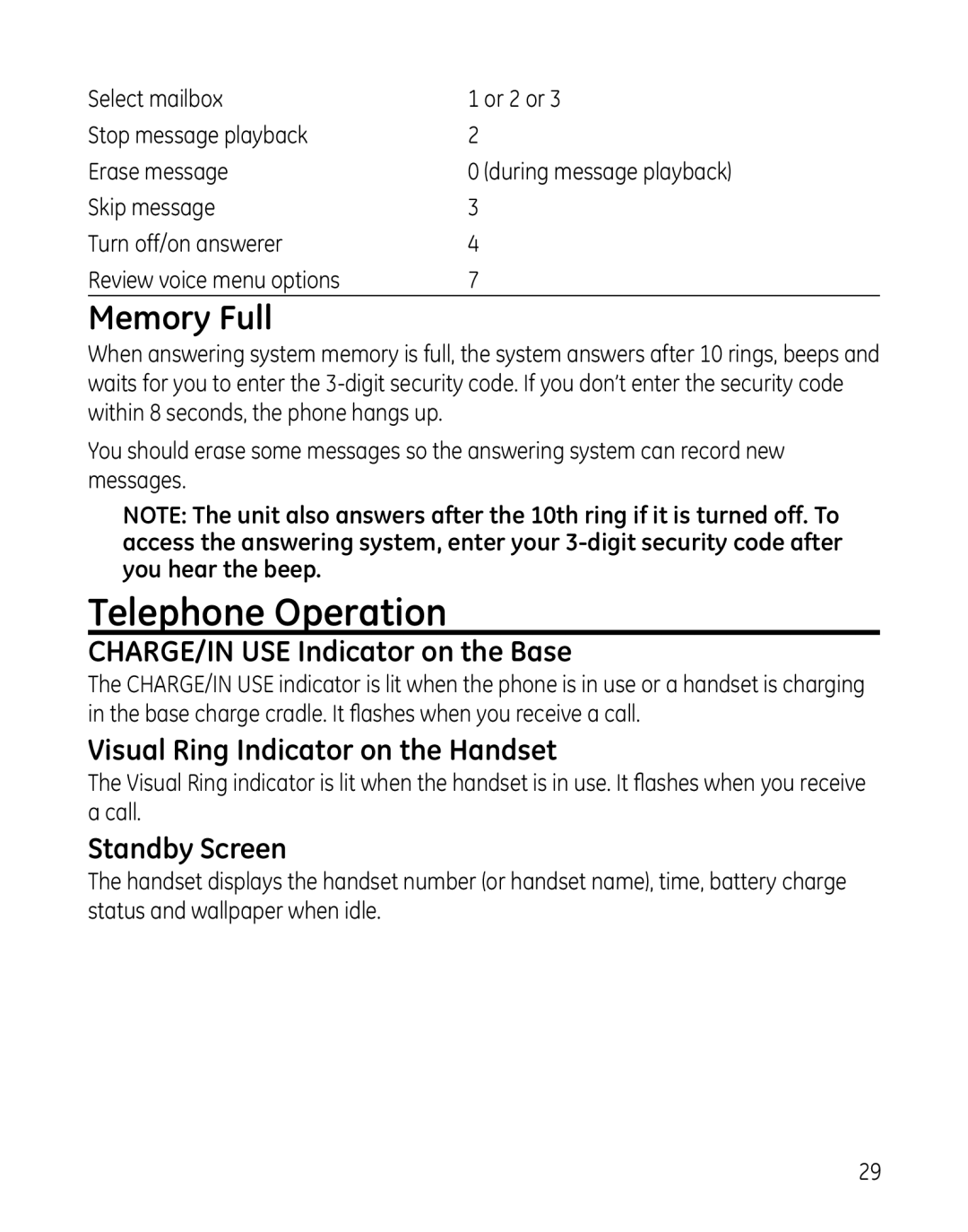 GE 28041 Telephone Operation, CHARGE/IN USE Indicator on the Base, Visual Ring Indicator on the Handset, Standby Screen 