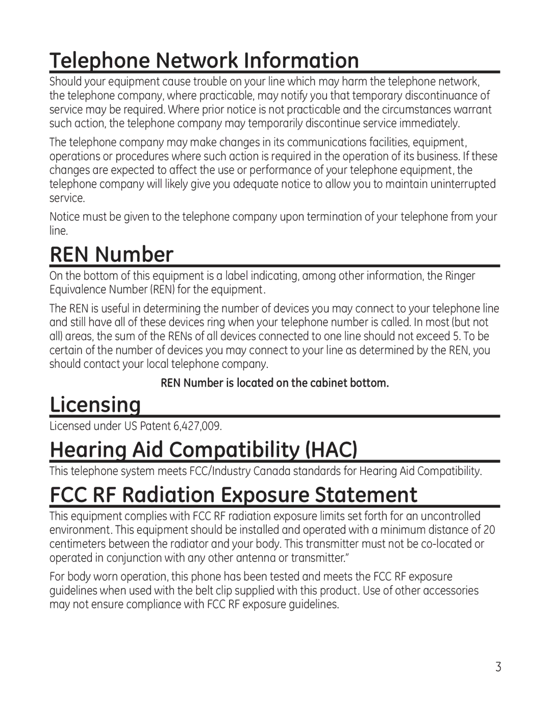 GE 28041 manual Telephone Network Information, REN Number, Licensing, Hearing Aid Compatibility HAC 