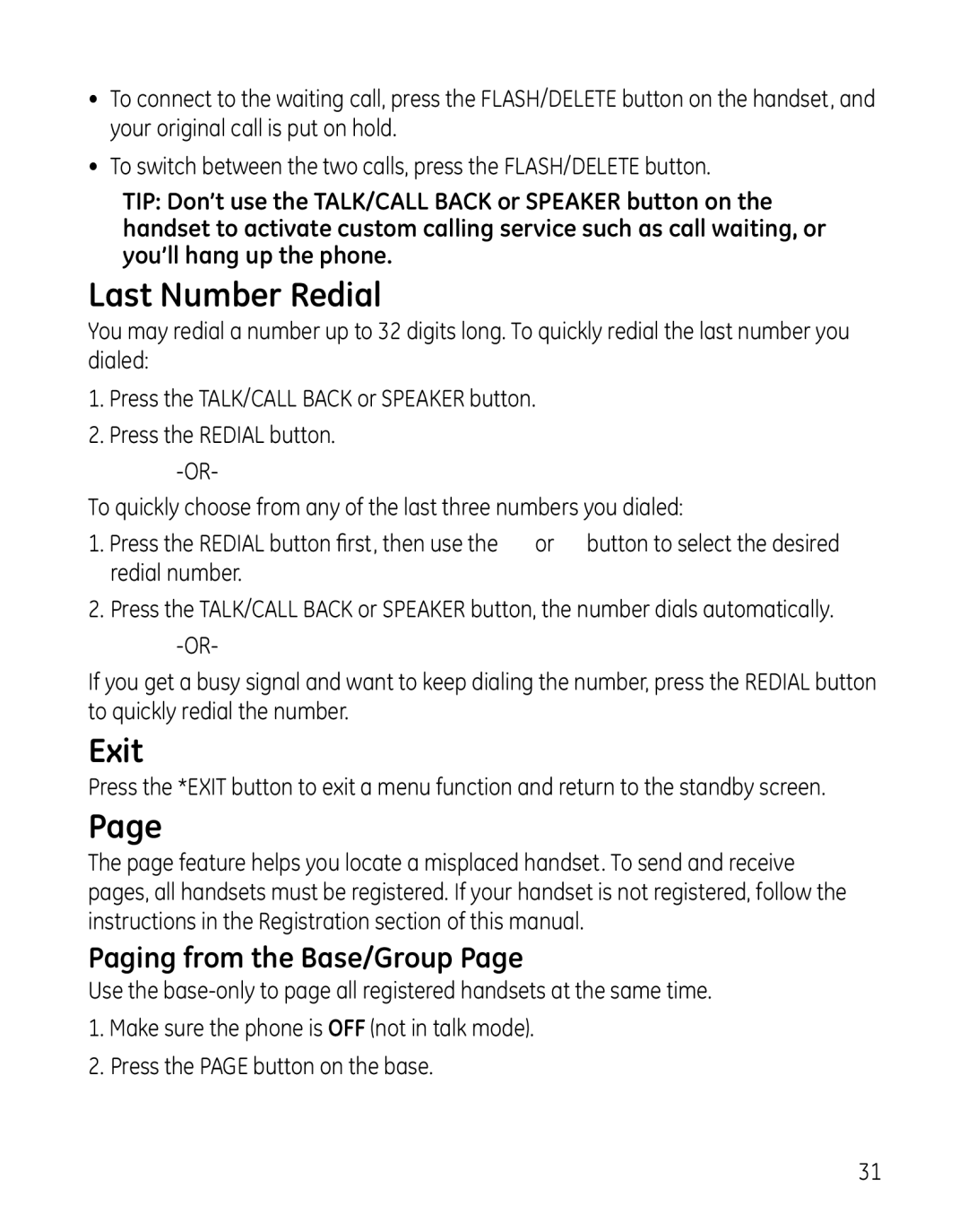 GE 28041 manual Last Number Redial, Exit, Paging from the Base/Group 