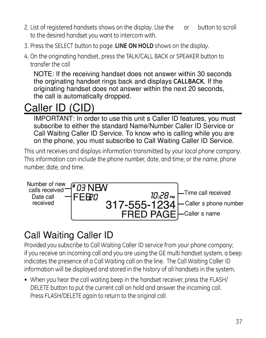 GE 28041 manual Caller ID CID, Call Waiting Caller ID 