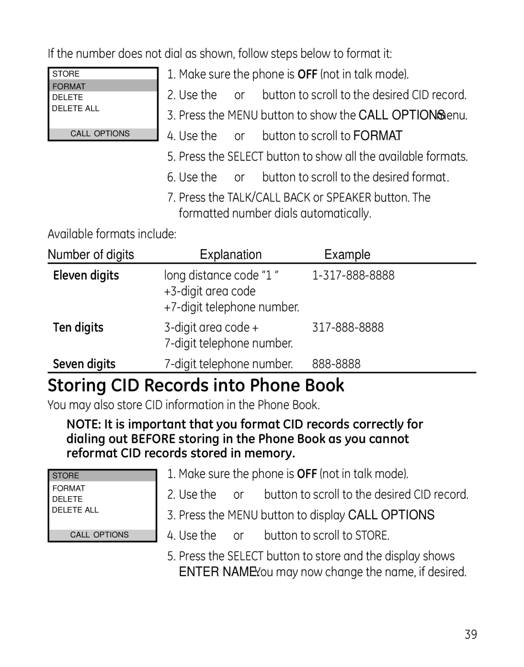 GE 28041 manual Storing CID Records into Phone Book, Eleven digits, Ten digits, Seven digits 