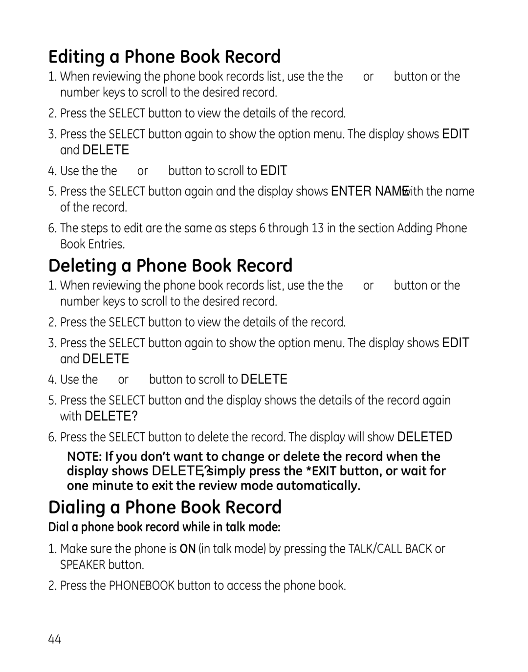 GE 28041 manual Editing a Phone Book Record, Deleting a Phone Book Record, Dialing a Phone Book Record 