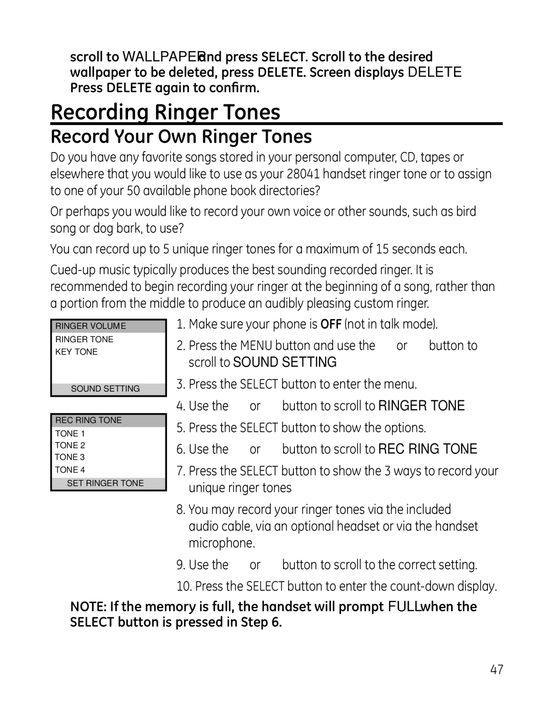 GE 28041 manual Recording Ringer Tones, Record Your Own Ringer Tones 