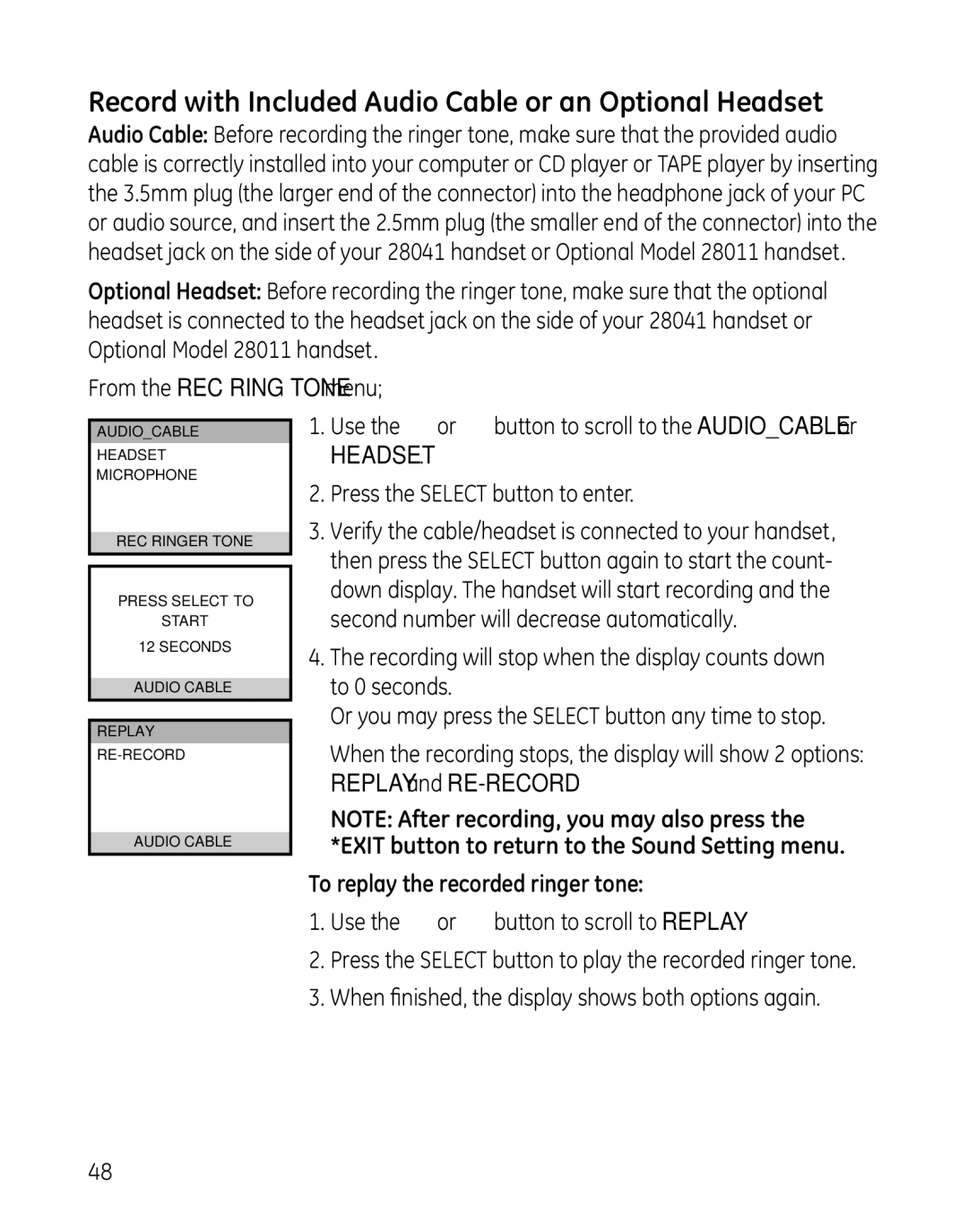 GE 28041 manual Record with Included Audio Cable or an Optional Headset, To replay the recorded ringer tone 