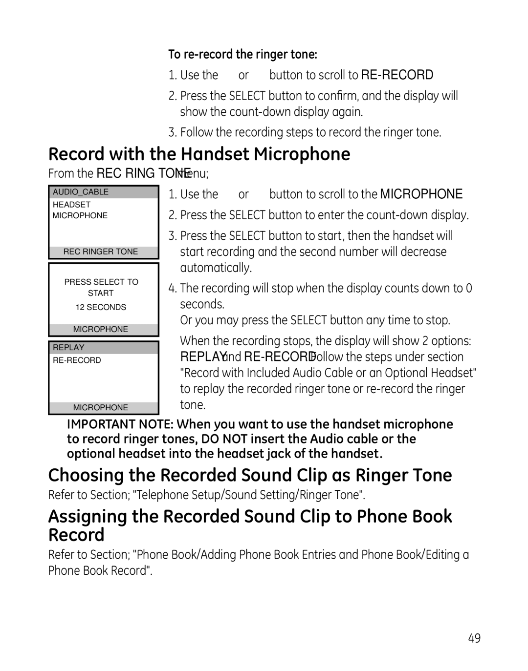 GE 28041 Record with the Handset Microphone, Choosing the Recorded Sound Clip as Ringer Tone, To re-record the ringer tone 