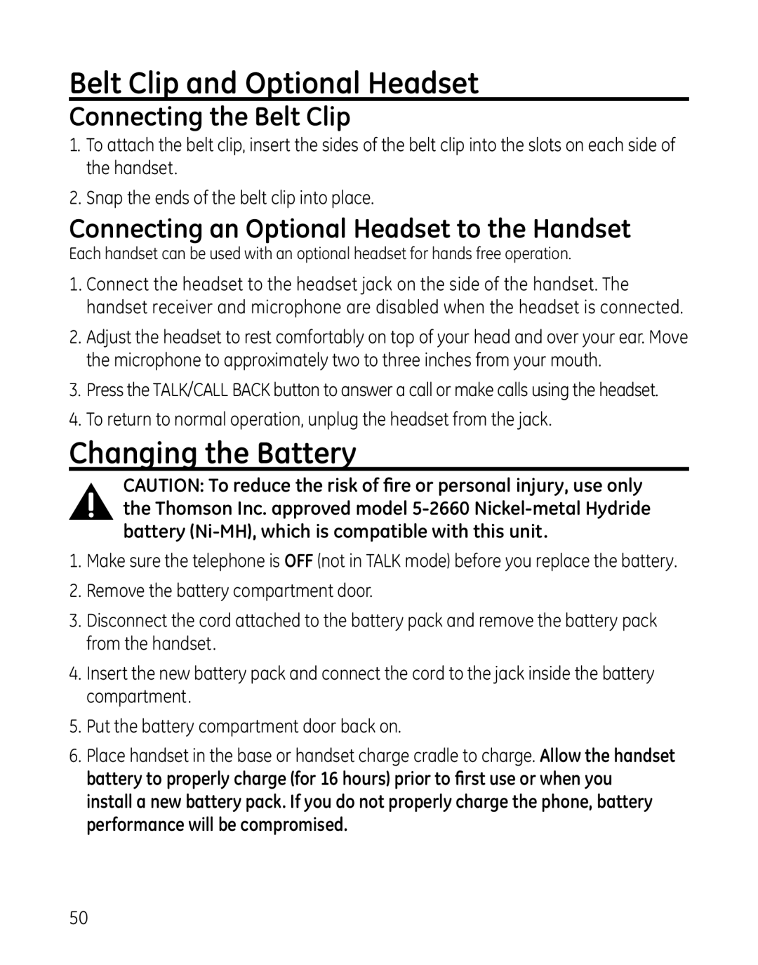 GE 28041 manual Belt Clip and Optional Headset, Changing the Battery, Connecting the Belt Clip 