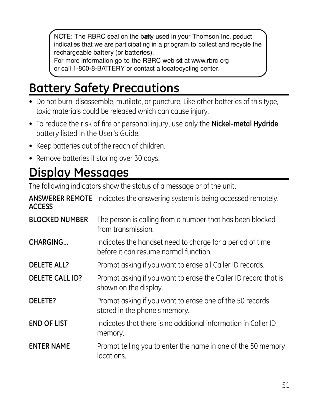 GE 28041 manual Battery Safety Precautions, Display Messages 