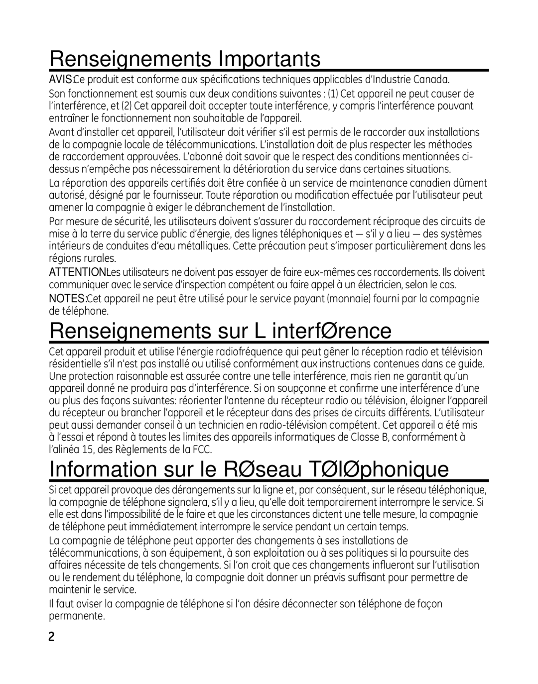 GE 28041 manual Renseignements Importants, Renseignements sur L’interférence, Information sur le Réseau Téléphonique 