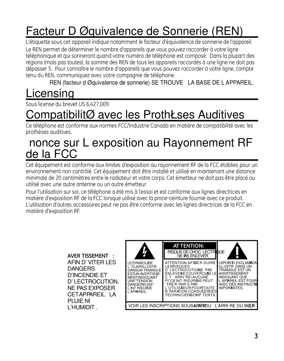 GE 28041 manual Facteur D’équivalence de Sonnerie REN, Compatibilité avec les Prothèses Auditives 