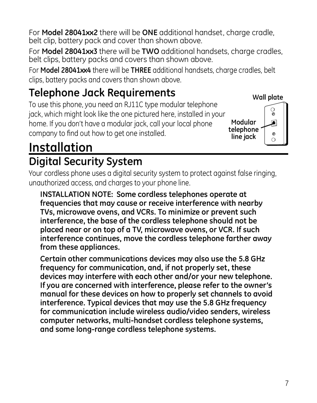 GE 28041 Installation, Telephone Jack Requirements, Digital Security System, Company to find out how to get one installed 