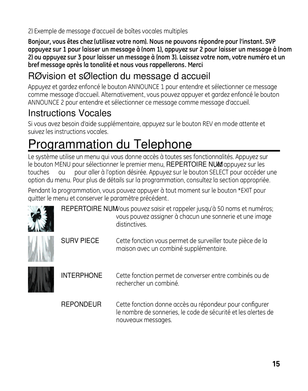 GE 28041 manual Programmation du Telephone, Révision et sélection du message d’accueil, Instructions Vocales 