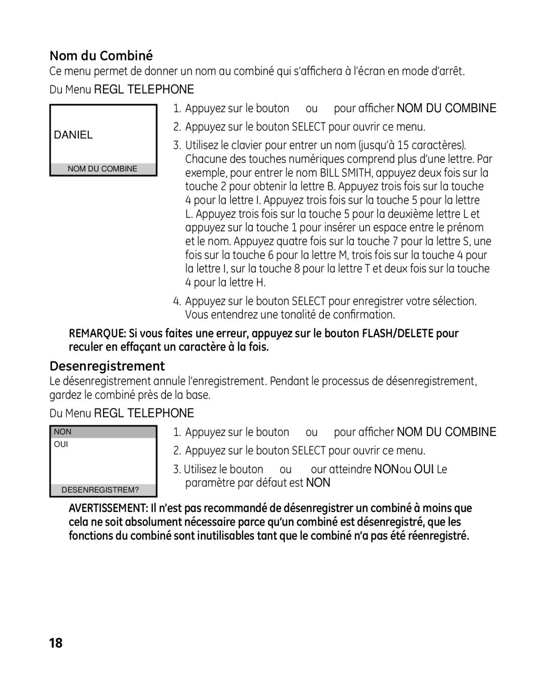 GE 28041 manual Nom du Combiné, Desenregistrement 