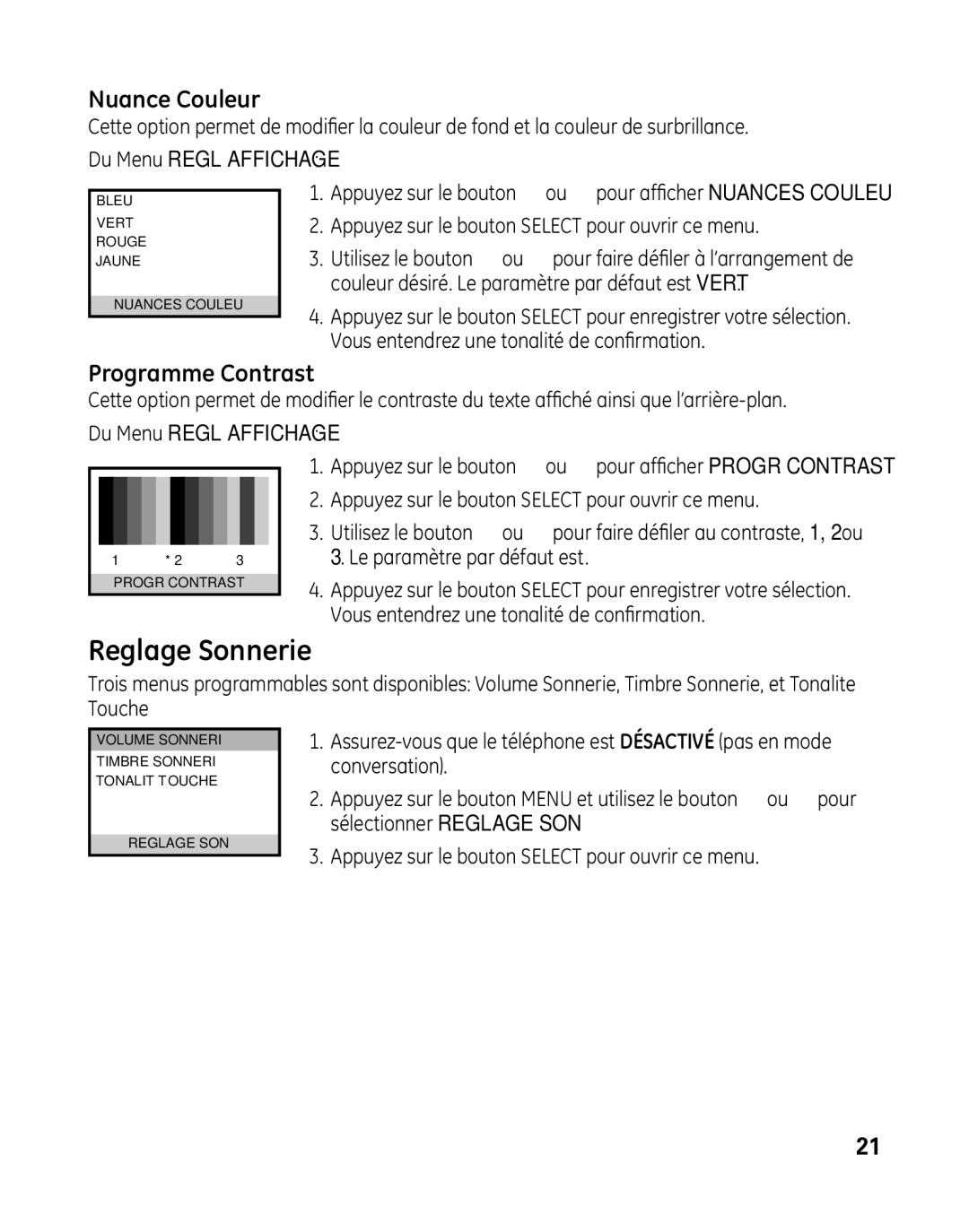 GE 28041 manual Reglage Sonnerie, Nuance Couleur, Programme Contrast 