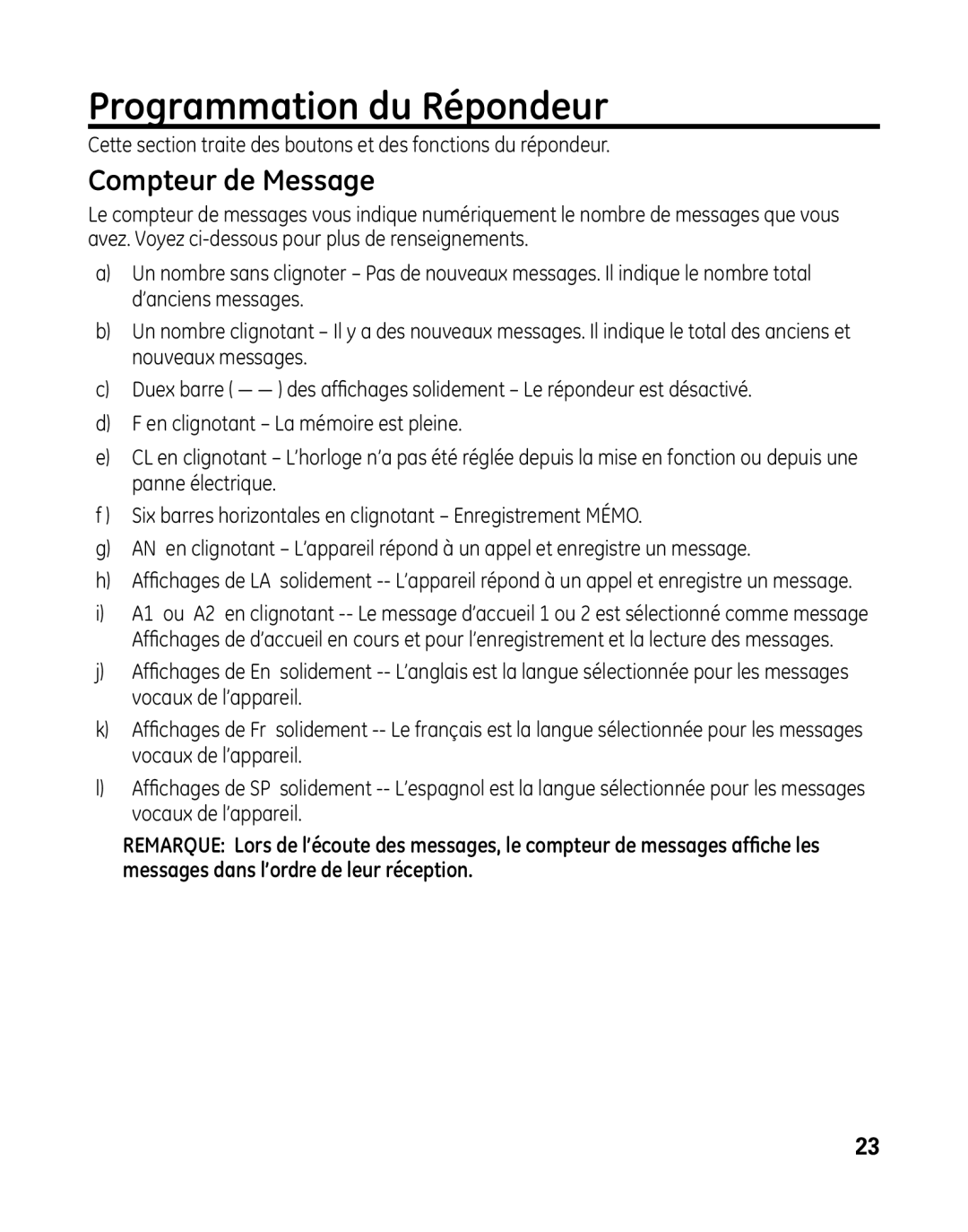 GE 28041 manual Programmation du Répondeur, Compteur de Message 