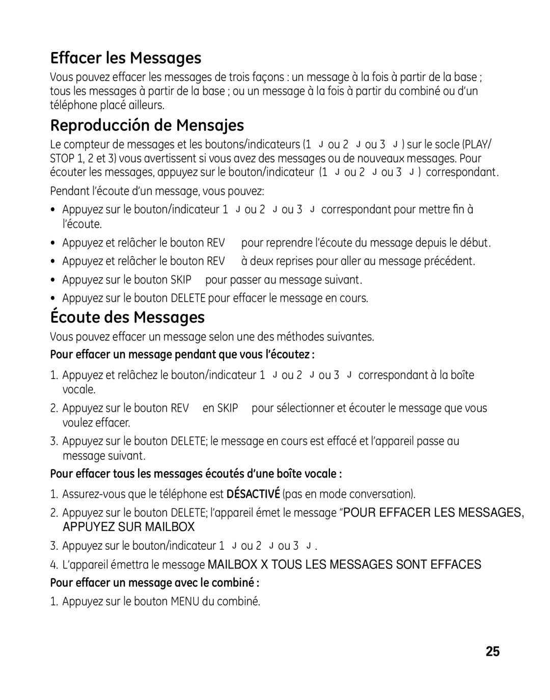 GE 28041 manual Effacer les Messages, Reproducción de Mensajes, Écoute des Messages 