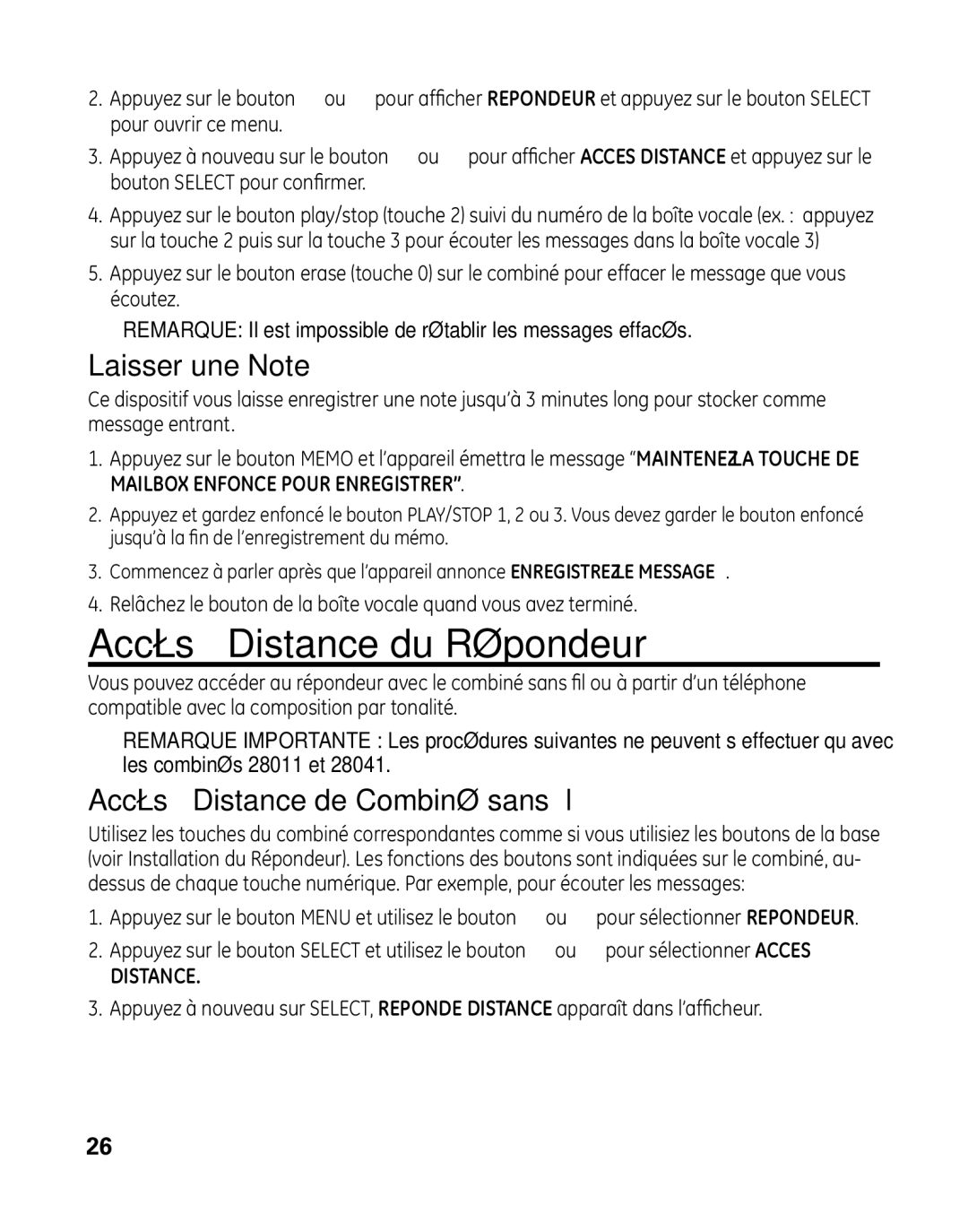 GE 28041 manual Accès à Distance du Répondeur, Laisser une Note, Accès à Distance de Combiné sans fil 