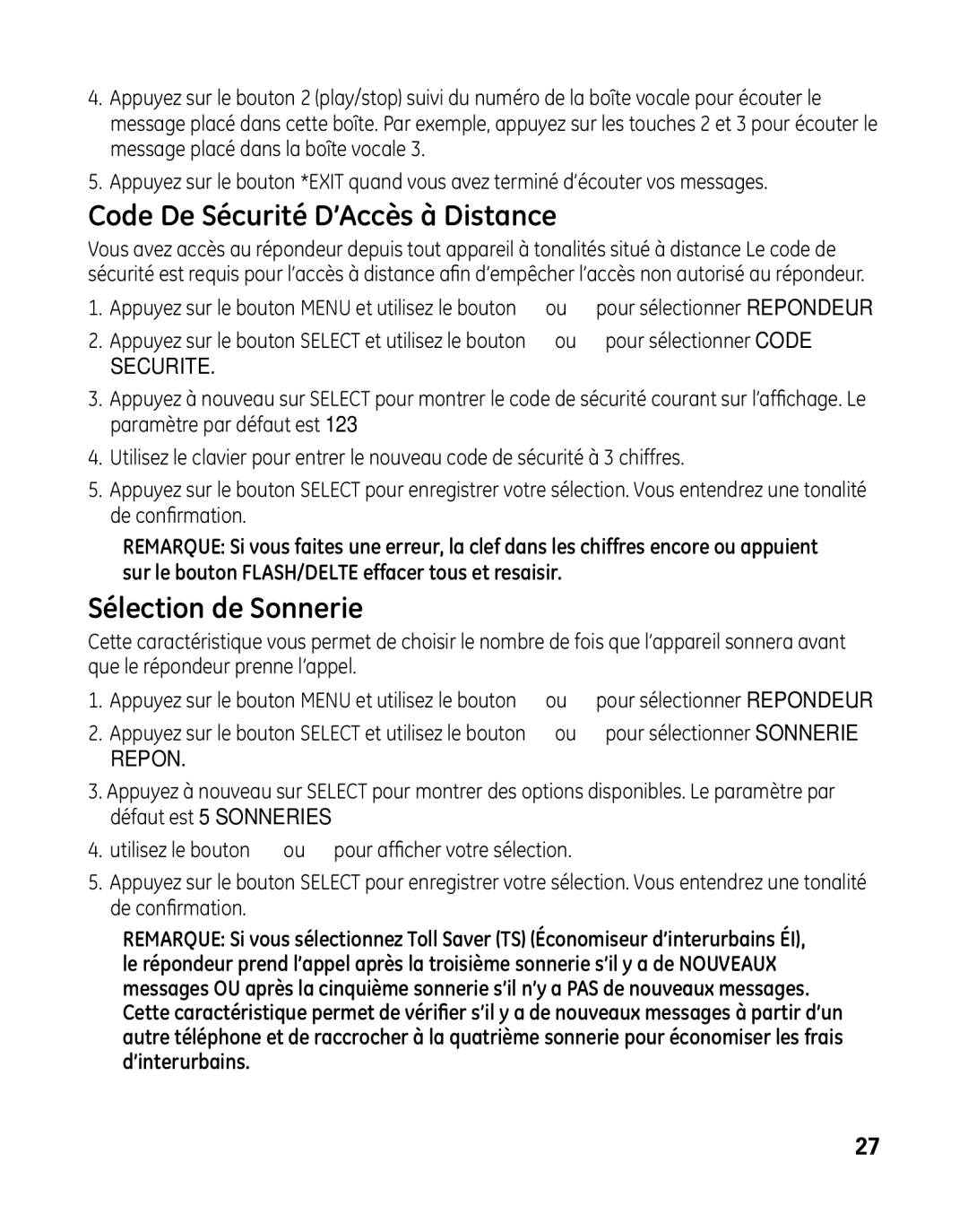 GE 28041 manual Code De Sécurité D’Accès à Distance, Sélection de Sonnerie 