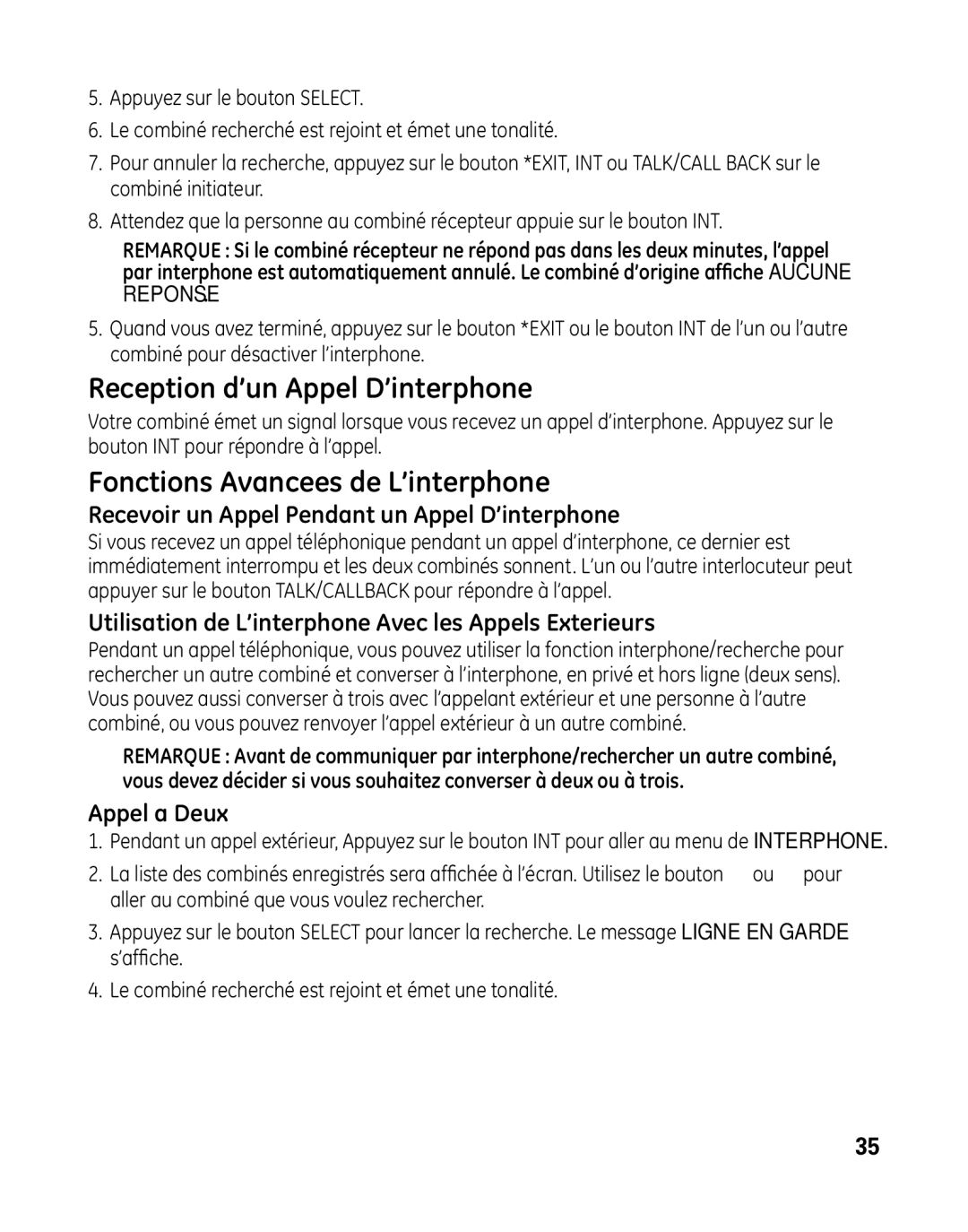 GE 28041 manual Reception d’un Appel D’interphone, Fonctions Avancees de L’interphone, Appel a Deux 