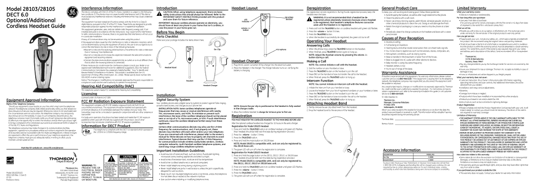 GE 28103EE1 warranty Equipment Approval Information, Interference Information, Hearing Aid Compatibility HAC, Licensing 