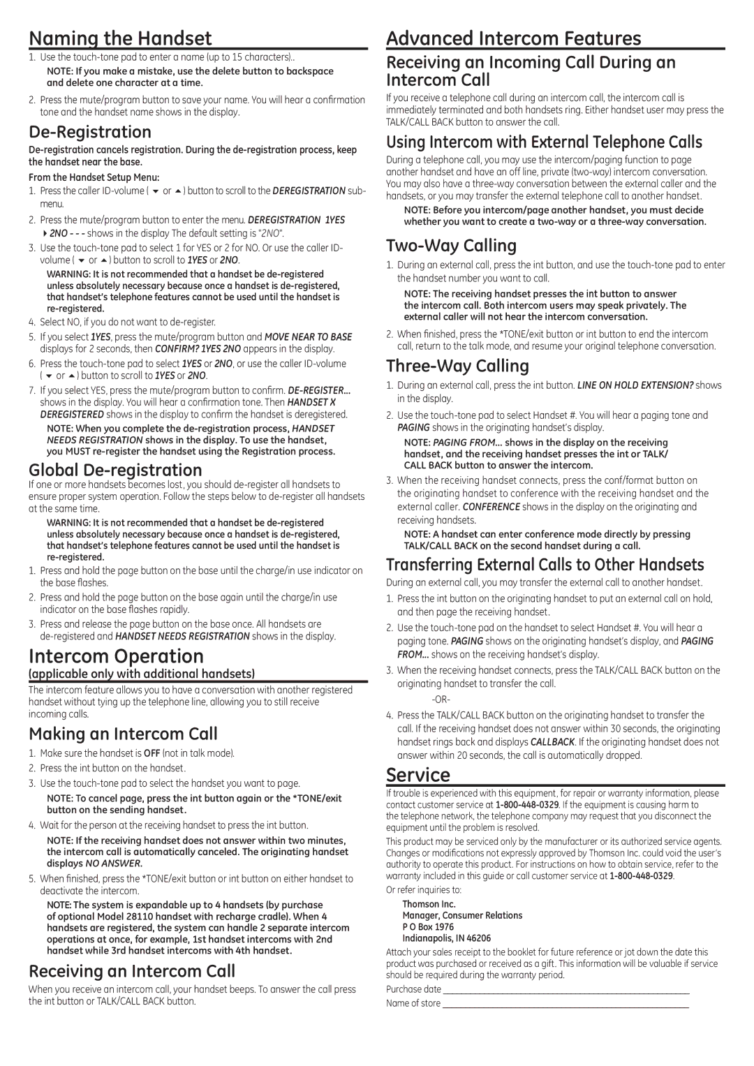 GE 28110 setup guide Naming the Handset, Intercom Operation, Advanced Intercom Features, Service 