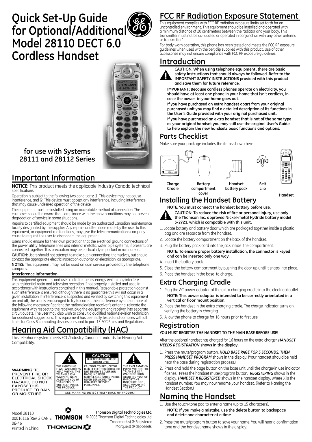 GE 28111, 28112 setup guide Important Information, Hearing Aid Compatibility HAC, Introduction, Naming the Handset 