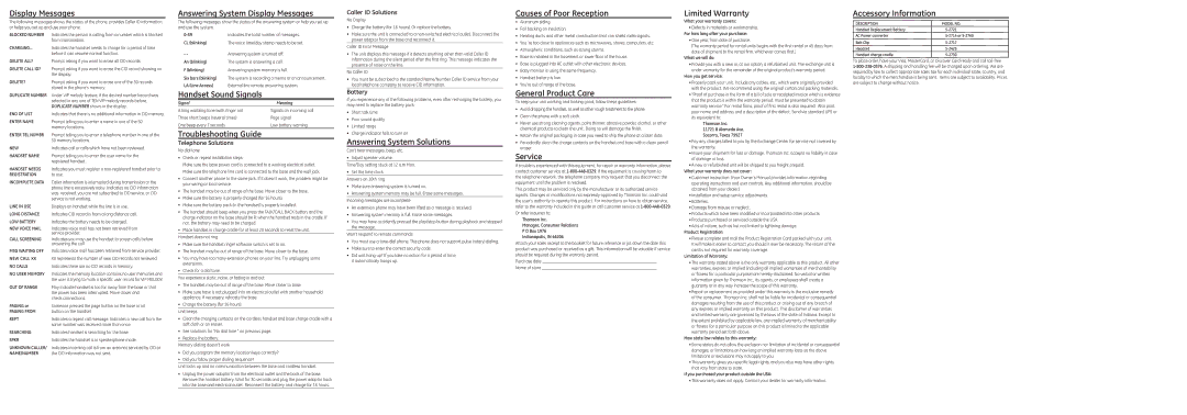 GE 00015924 Answering System Display Messages, Handset Sound Signals, Troubleshooting Guide, Causes of Poor Reception 
