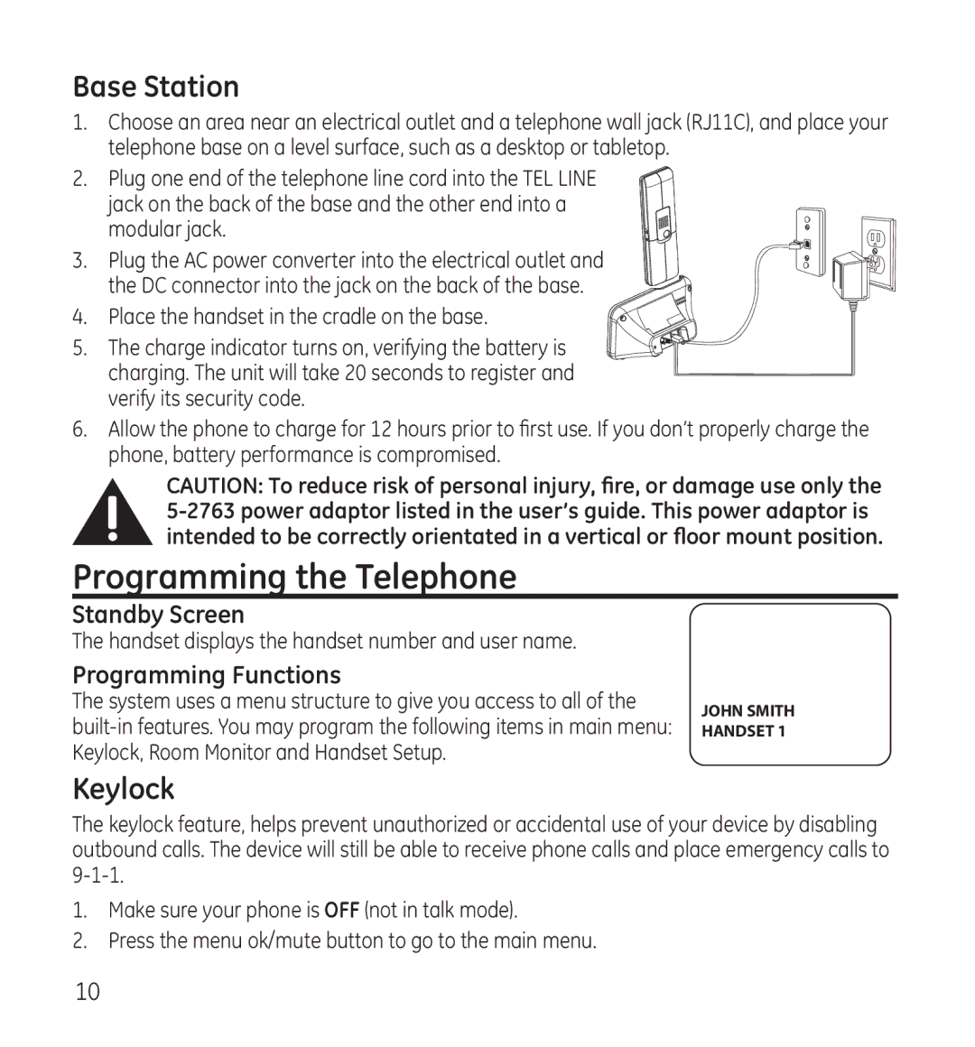 GE 28115 Series manual Programming the Telephone, Base Station, Keylock, Standby Screen, Programming Functions 