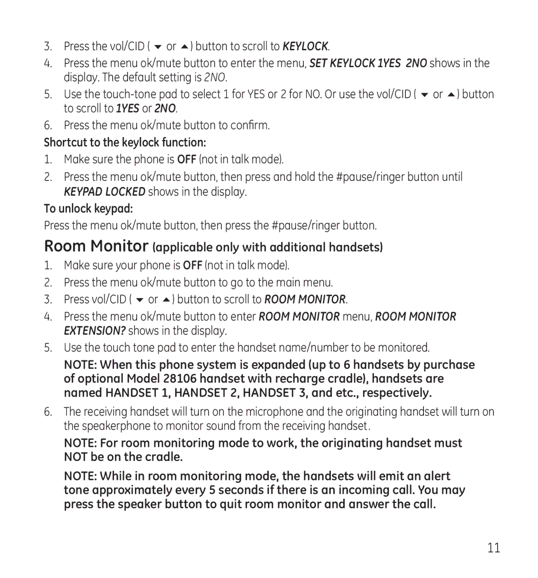 GE 28115 Series manual Shortcut to the keylock function, To unlock keypad, Applicable only with additional handsets 