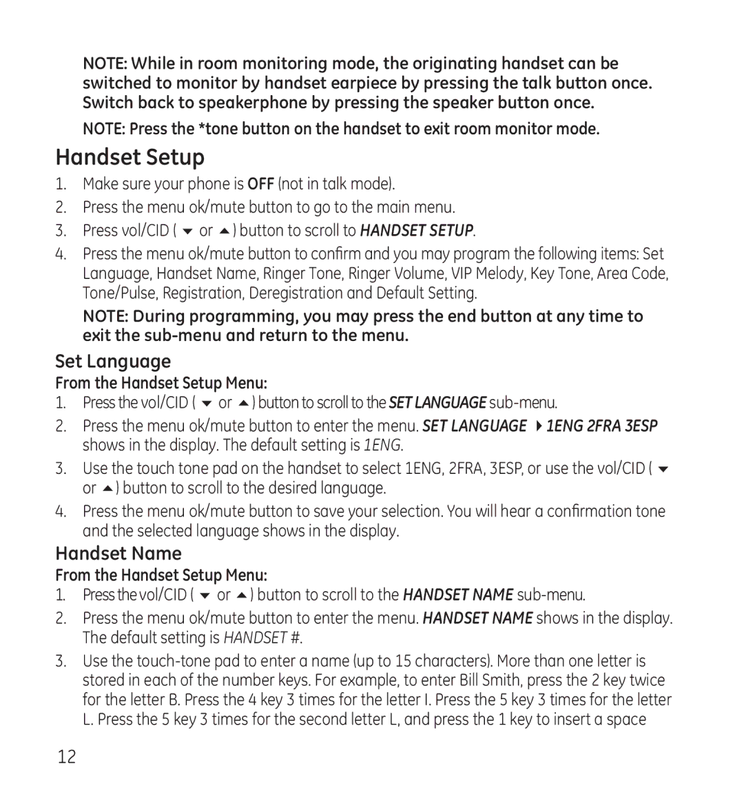 GE 28115 Series manual Set Language, Handset Name, From the Handset Setup Menu 