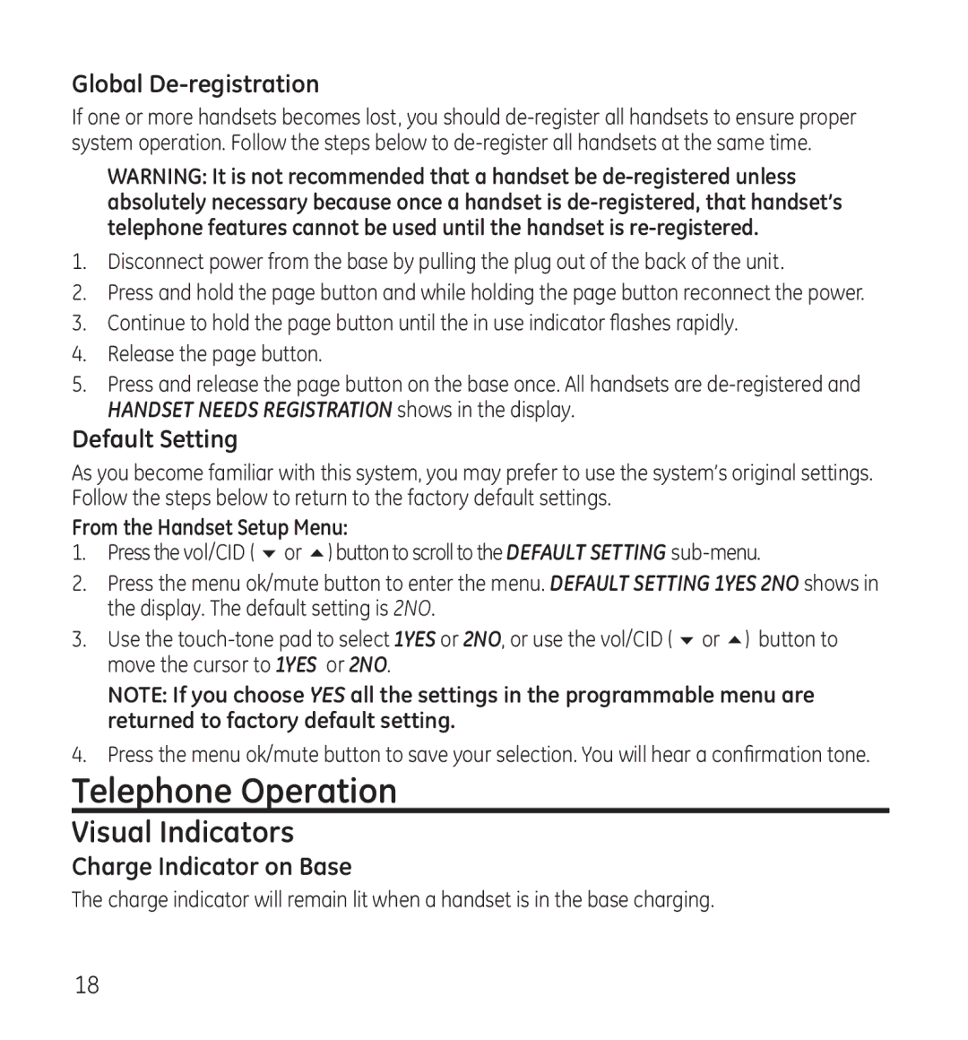 GE 28115 Series Telephone Operation, Visual Indicators, Global De-registration, Default Setting, Charge Indicator on Base 