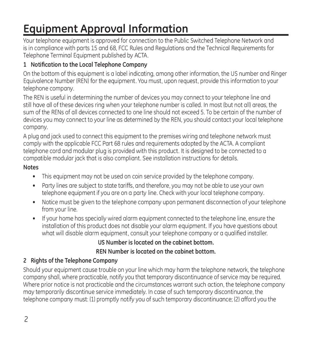 GE 28115 Series manual Equipment Approval Information, Notification to the Local Telephone Company 