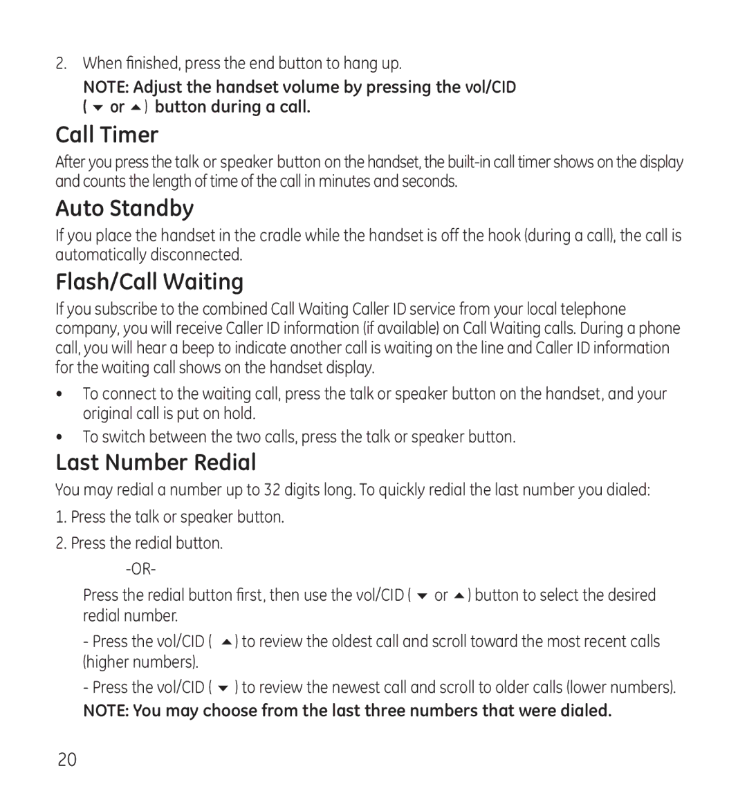 GE 28115 Series manual Call Timer, Auto Standby, Flash/Call Waiting, Last Number Redial 