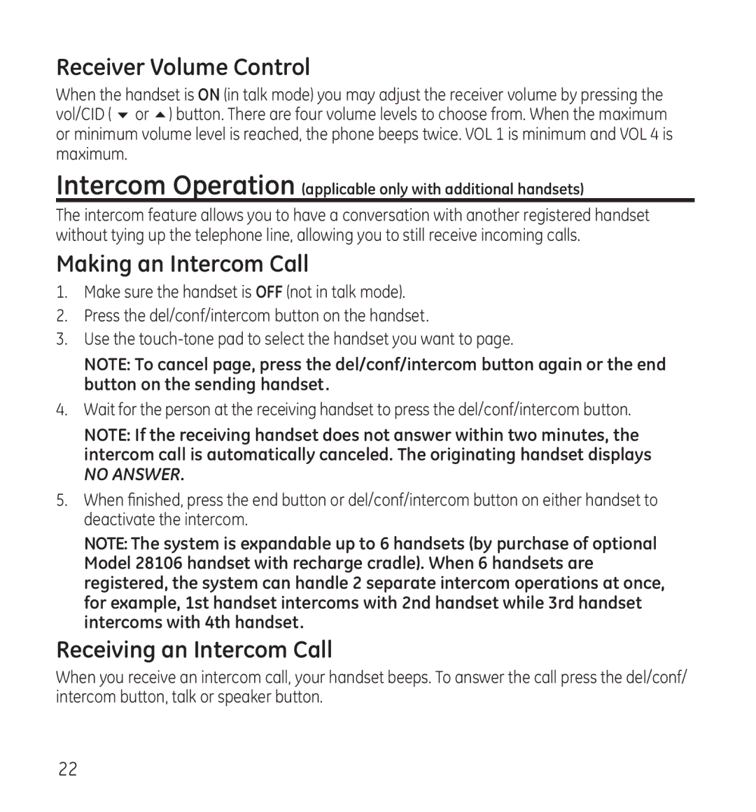 GE 28115 Series manual Receiver Volume Control, Making an Intercom Call, Receiving an Intercom Call 