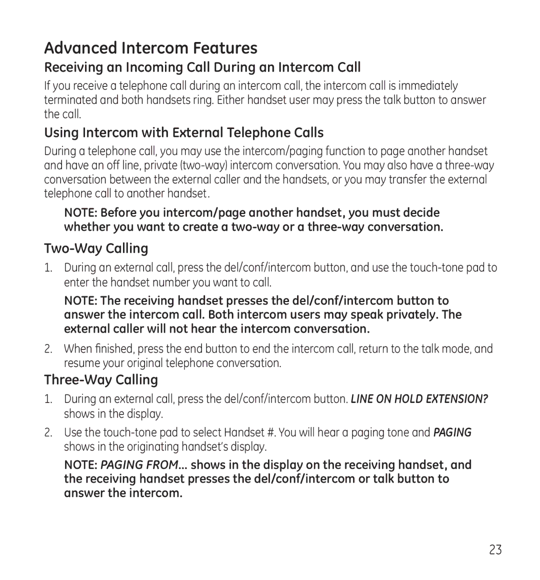 GE 28115 Series manual Advanced Intercom Features, Receiving an Incoming Call During an Intercom Call, Two-Way Calling 