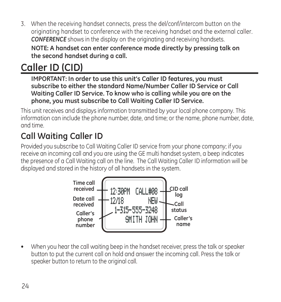 GE 28115 Series manual Caller ID CID, Call Waiting Caller ID 