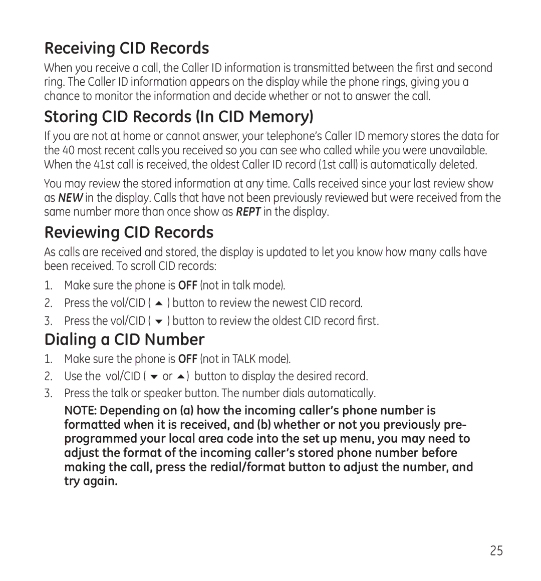 GE 28115 Series Receiving CID Records, Storing CID Records In CID Memory, Reviewing CID Records, Dialing a CID Number 