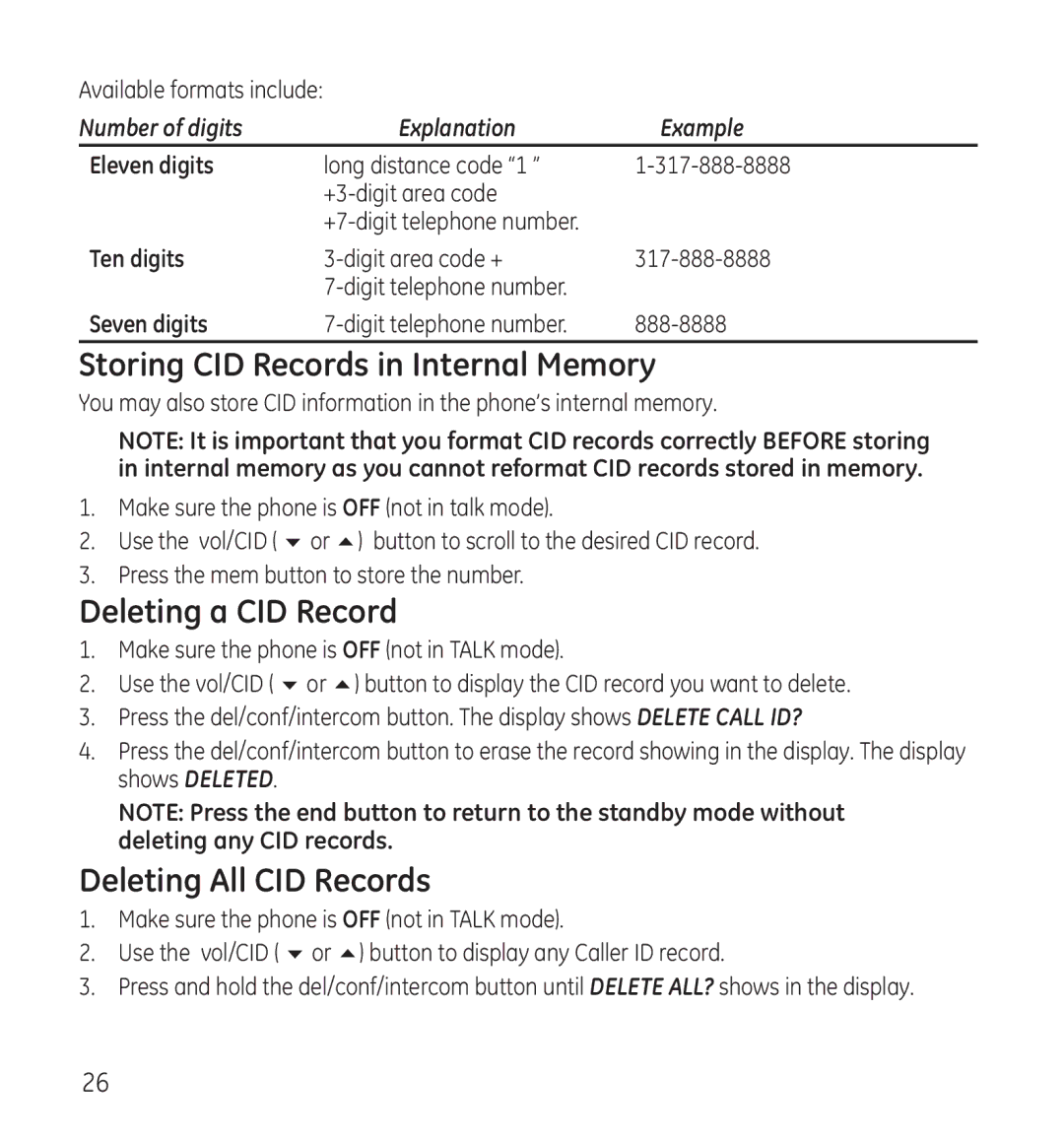 GE 28115 Series manual Storing CID Records in Internal Memory, Deleting a CID Record, Deleting All CID Records 