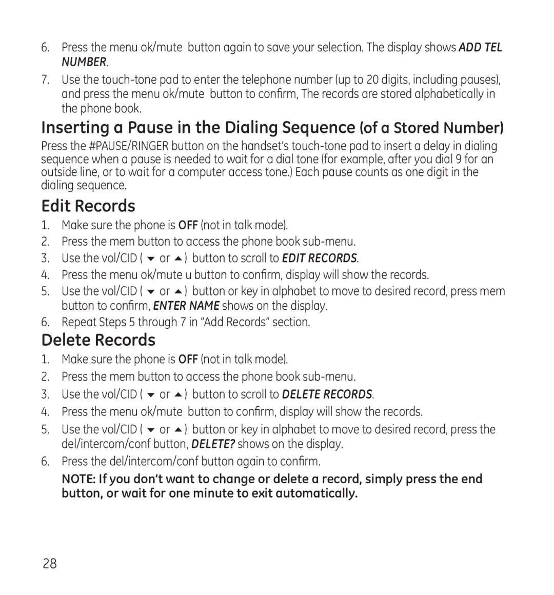 GE 28115 Series manual Edit Records, Delete Records 