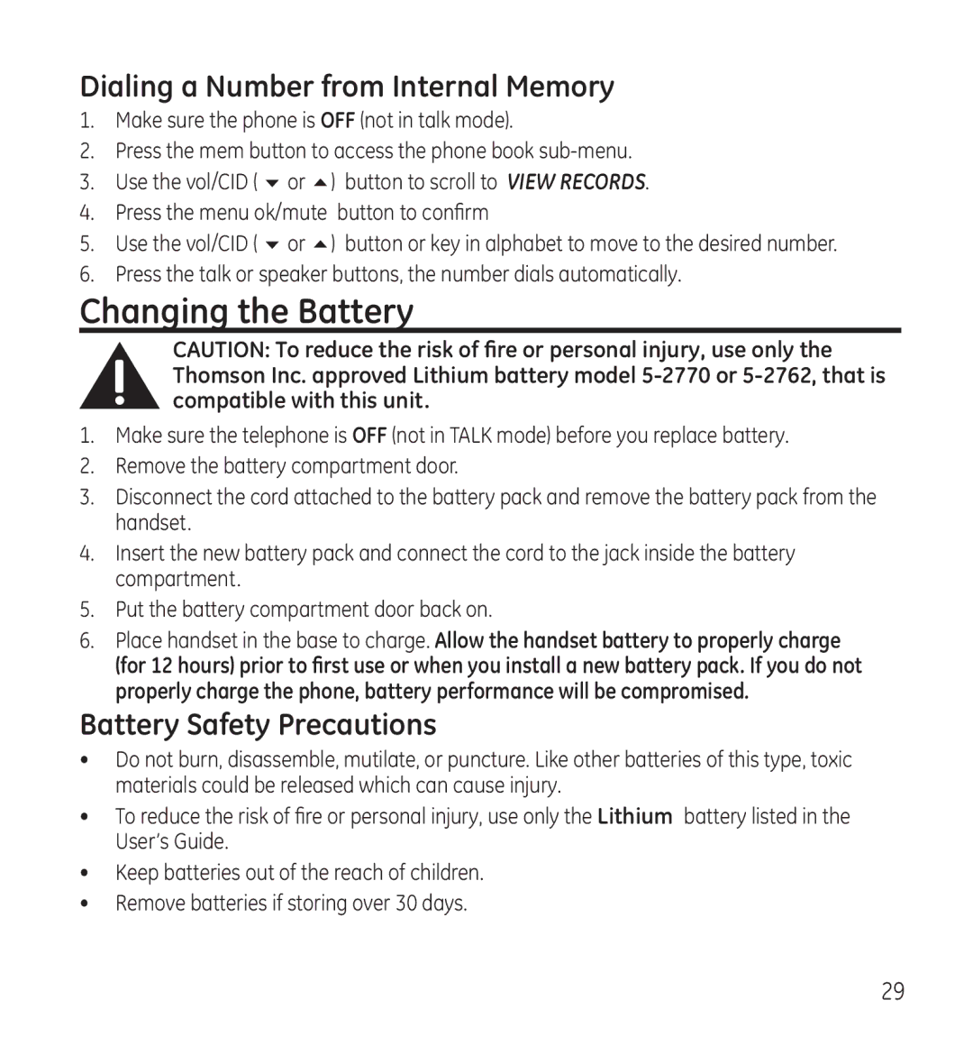 GE 28115 Series manual Changing the Battery, Dialing a Number from Internal Memory, Battery Safety Precautions 