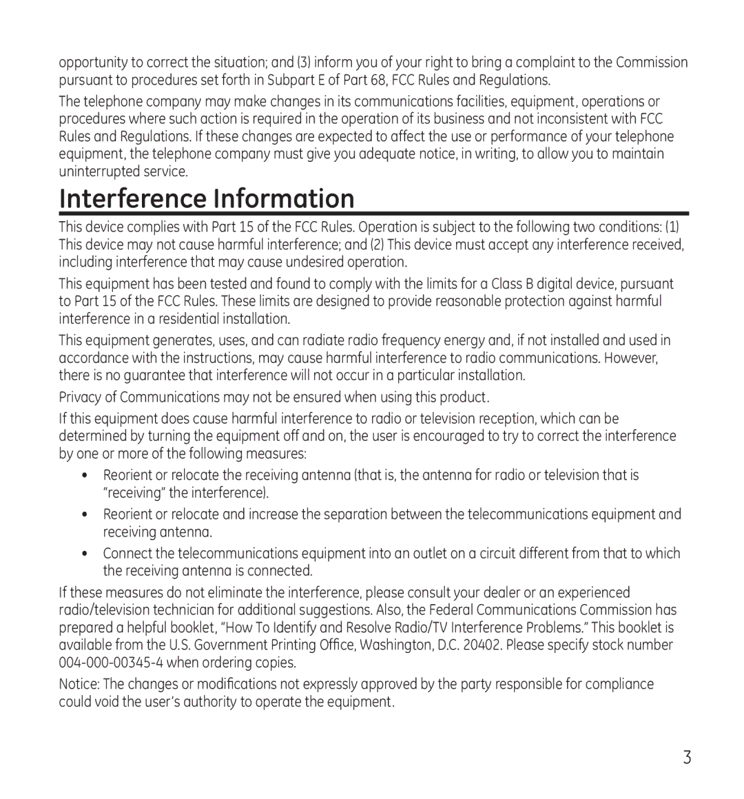 GE 28115 Series manual Interference Information 