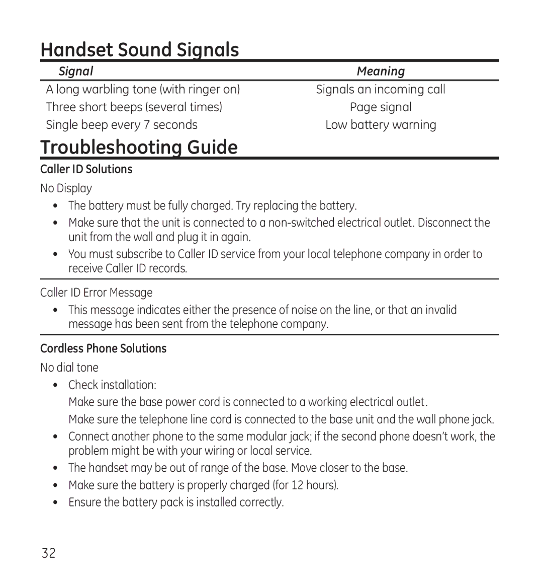 GE 28115 Series manual Handset Sound Signals, Troubleshooting Guide, Caller ID Solutions, Cordless Phone Solutions 