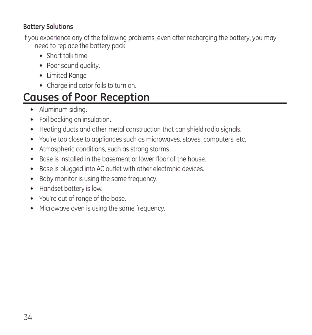 GE 28115 Series manual Causes of Poor Reception, Battery Solutions 