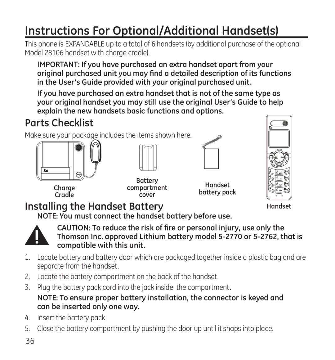 GE 28115 Series manual Instructions For Optional/Additional Handsets, Parts Checklist 