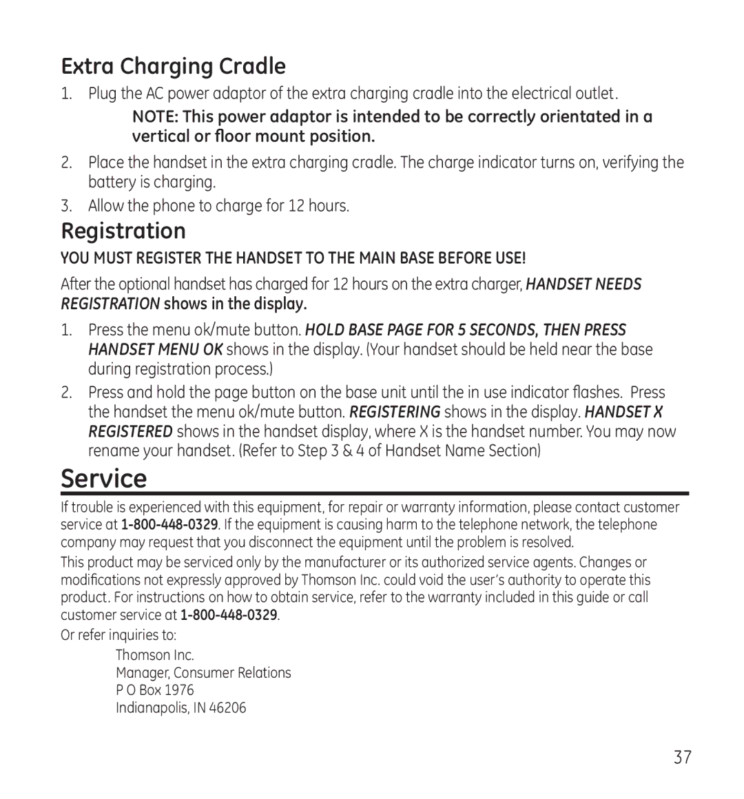 GE 28115 Series manual Service, Extra Charging Cradle, Registration shows in the display 