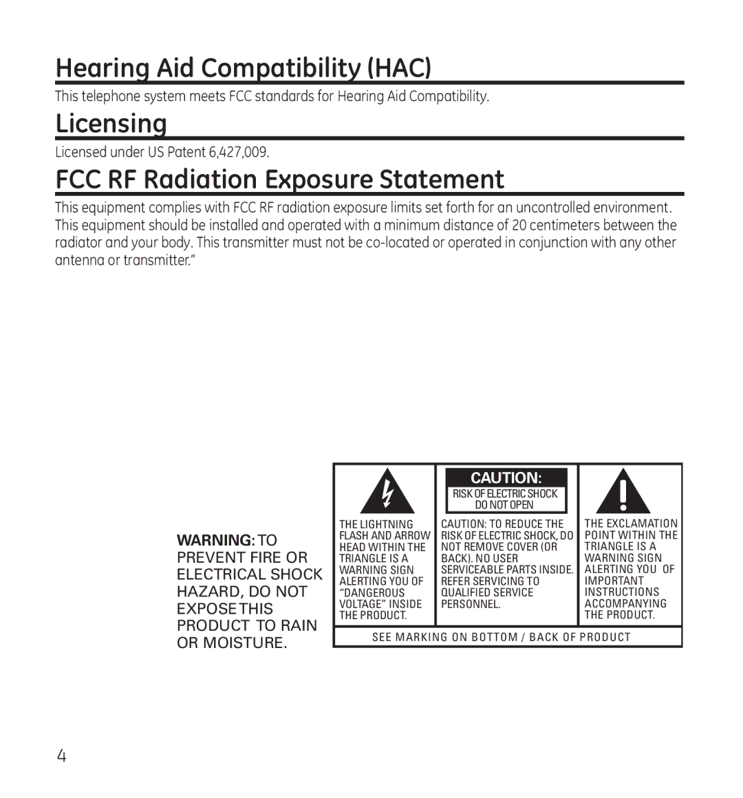 GE 28115 Series manual Hearing Aid Compatibility HAC, Licensing, FCC RF Radiation Exposure Statement 