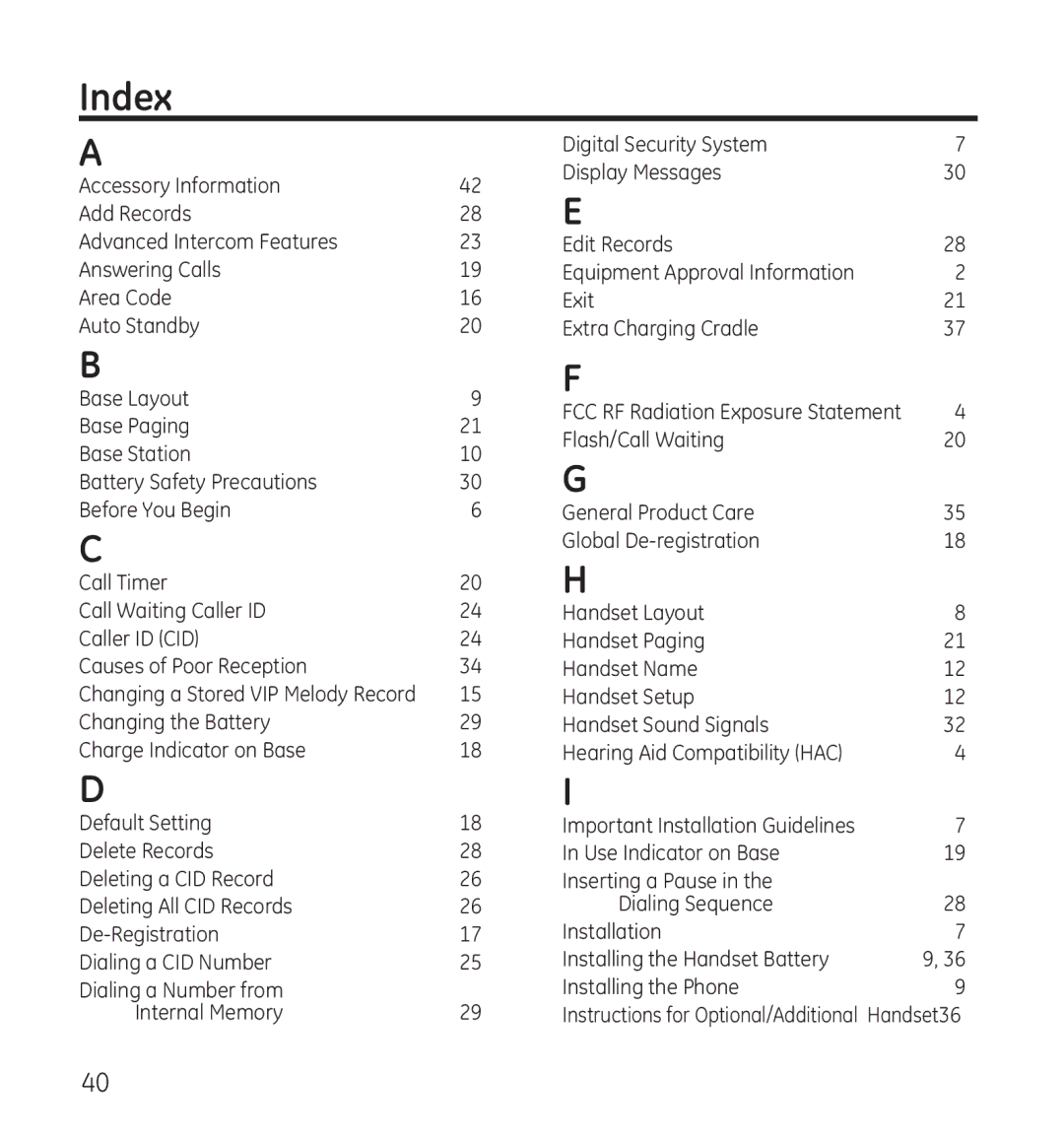 GE 28115 Series manual Index 