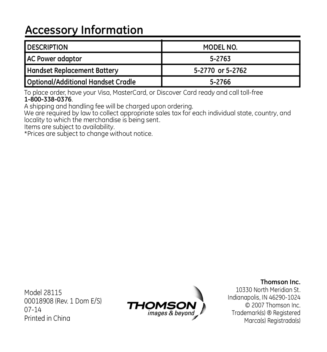 GE 28115 Series Accessory Information, AC Power adaptor, Handset Replacement Battery, Optional/Additional Handset Cradle 