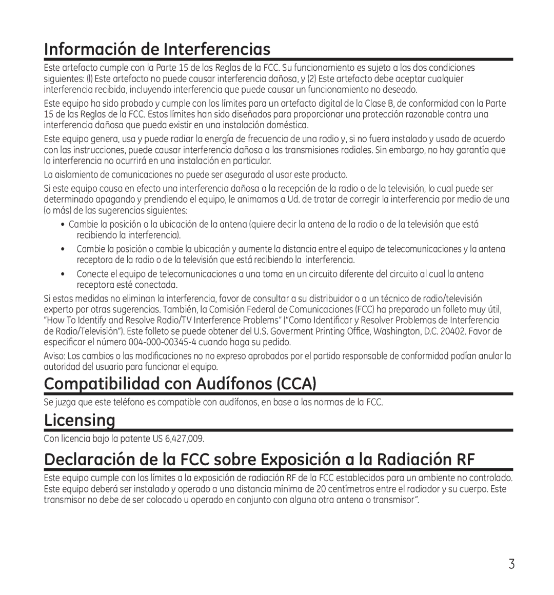 GE 28115 Series manual Información de Interferencias, Compatibilidad con Audífonos CCA, Licensing 